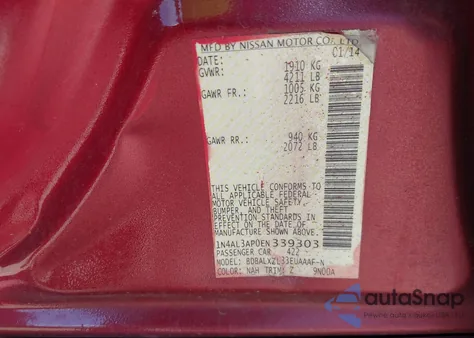 2014 Nissan Altima 2.5 Sl z USA, uszkodzony, nr VIN 1N4AL3AP0EN339303